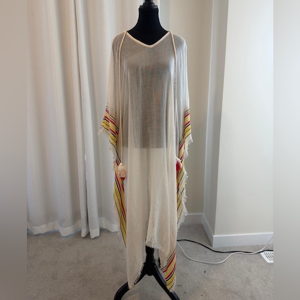 Lightweight Cream Cover-Up with Stripe Trim